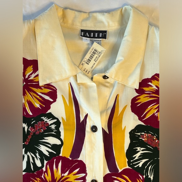 Vtg NWT FAITH Cream shirt blouse Hula Girl Hawaiian Hibiscus sequins woman’s L - Picture 6 of 11